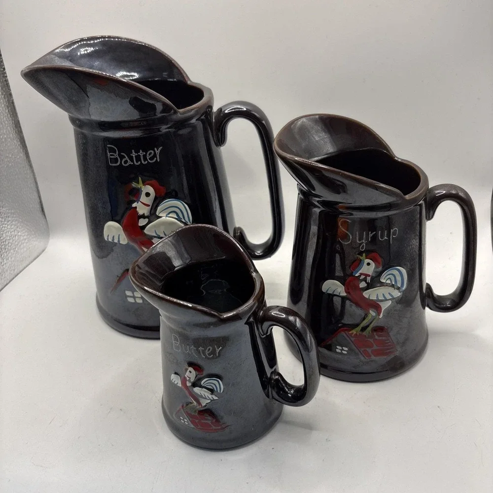Vtg 50s Redware‎ Rooster Pottery Pancake Pitchers Batter Syrup Butter Japan